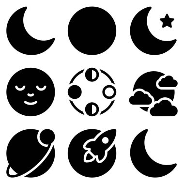 İçinde çeşitli ay şekilleri, fazlar, uykulu bir yüz, bir roket, bir gezegen ve gece gökyüzü elementlerinin yer aldığı dokuz katı siyah sembol var. Yıldızlar ve bulutlar gibi..