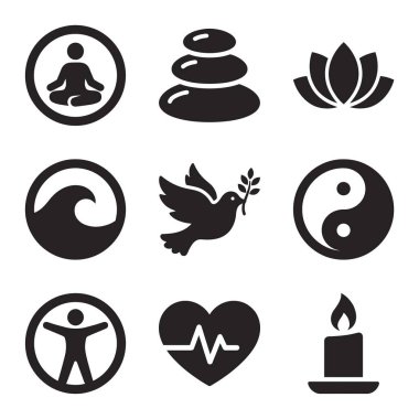 Barış, sağlık ve maneviyatı temsil eden dokuz düz siyah ikondan oluşan bir derleme. Nilüfer, yin yang, meditasyon pozu, zen taşı ve barış güvercini gibi semboller içerir..