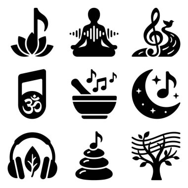 Ses terapisi, farkındalık, yoga ve zen, lotus, Om sembolü, doğa sesleri ve meditasyonla ilgili dokuz siyah sembol..