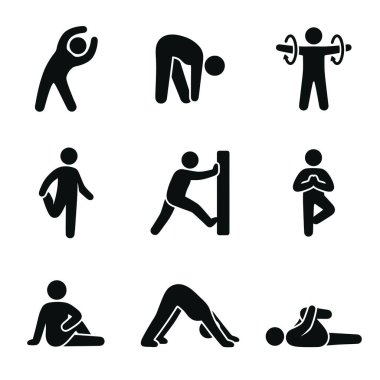 Bir kişinin esneme, yoga ve halter gibi farklı fiziksel aktivitelerde bulunduğunu gösteren dokuz basit siyah beyaz simge..