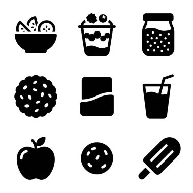 Meyve salatası, parfe, reçel, kurabiye, içecek, elma ve dondurma içeren dokuz basit gıda ikonundan oluşan bir koleksiyon. Tasarım için vektör grafik ögeleri.