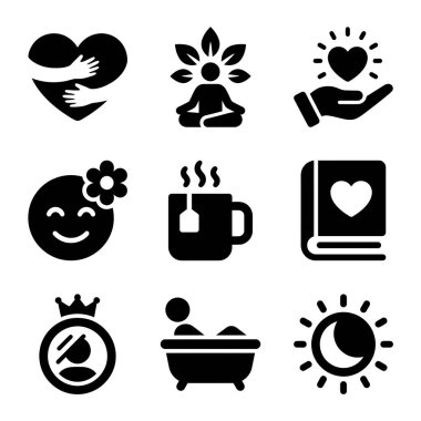 Kendini sevmeyi, meditasyonu, rahatlamayı ve dengeli ve sağlıklı bir yaşam tarzı için pozitif zihinsel sağlık uygulamalarını temsil eden siyah simgelerden oluşan bir derleme..