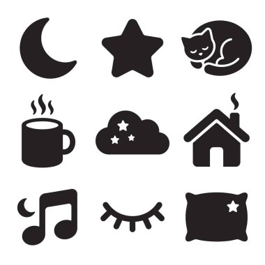 Uyku ve geceyle ilgili dokuz siyah kabartma simge koleksiyonu. Ay, yıldız, uyuyan kedi, sıcak içecek, yastık ve müzik dahil. Rahatlama ya da yatma zamanı temaları için mükemmel.