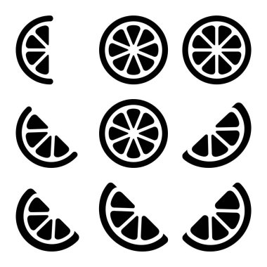 Bir turunçgilin tüm dilimlerini, yarım dilimlerini ve beyaz bir zemin üzerinde izole edilmiş kamaları içeren çeşitli kesikleri tasvir eden basit, koyu siyah simgelerden oluşan bir koleksiyon..
