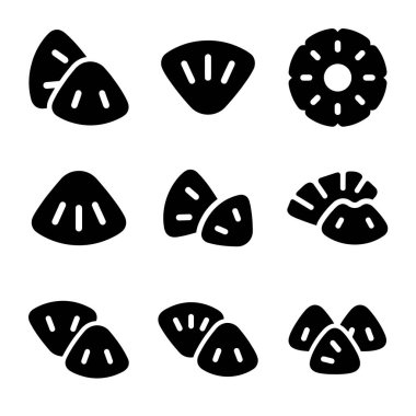 Yüzükler, takozlar ve parçalar dahil olmak üzere çeşitli ananas kesimlerini tasvir eden dokuz siyah katı simge koleksiyonu. Beyaz arka planda izole edilmiş, yemek ve tropikal tasarımlar için mükemmel..