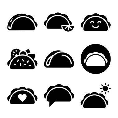 Meksika restoran menüleri ve logoları için çeşitli taco yemek sembolleri koleksiyonu. Bu grafik seti, temiz bir kabartma şeklinde sunulan gülen yüz, kalp ve limon dilimi tasarımlarını içerir..