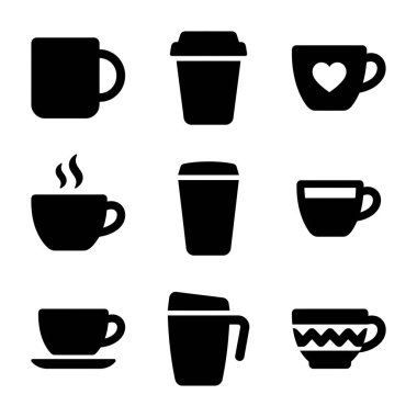 Çeşitli kahve fincanları, çay fincanları, seyahat kupaları ve sıcak içecekler için tek kullanımlık bardakları temsil eden dokuz adet siyah siluet simgesi..