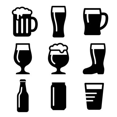 Kupa, bardak, bot, şişe ve kutu gibi farklı bira kutularını temsil eden dokuz basit siyah vektör ikonundan oluşan bir koleksiyon. Bar menüleri ya da bira markası için mükemmel..