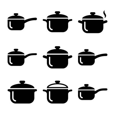 Beyaz arka planda izole edilmiş tencere, tava ve tencere gibi çeşitli mutfak mutfak malzemelerini temsil eden dokuz basit siyah vektör ikonundan oluşan bir koleksiyon..