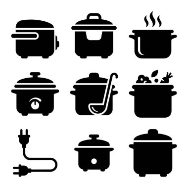Çeşitli mutfak aletlerini temsil eden dokuz basit kabartma simge koleksiyonu. Pirinç pişiricileri, yavaş pişirenler, buharlı tencereler ve mutfak tasarımı için kepçeler içerir.