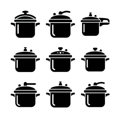 Dokuz farklı basınçlı tencere ve tencere siluet ikonu koleksiyonu. Bu vektör grafik seti, beyaz arka planda izole edilmiş, hızlı pişirme için mutfak yemek takımının çeşitli tasarımlarını içerir..
