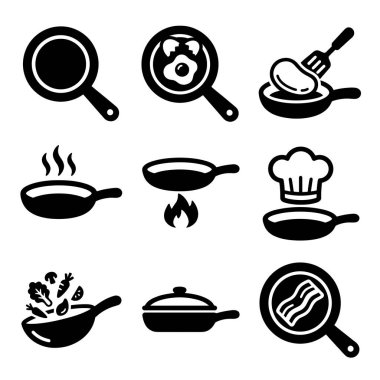 Kızarmış yumurta, pastırma ve kızartılmış sebzeler de dahil olmak üzere çeşitli pişirme eylemlerini anlatan dokuz basit siyah vektör simgesi..