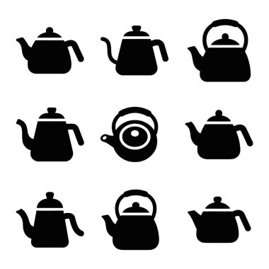 Farklı çaydanlık ve çaydanlık stillerini temsil eden dokuz basit siyah siluet simgesi. Mutfak, kafe veya içecek temaları için izole vektör grafikleri.