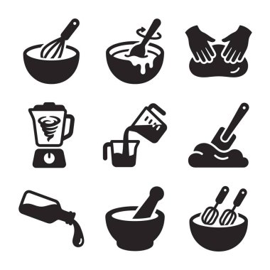 Karıştırma, yoğurma, karıştırma, karıştırma, dökme, pişirme ve pişirme tarifleri gibi çeşitli mutfak aktivitelerini tasvir eden dokuz siyah ve beyaz simge koleksiyonu..