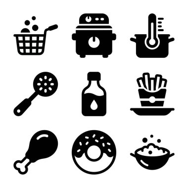 Kızartma ve abur cuburla ilgili dokuz siyah simge koleksiyonu. Bir fritöz, kızartma sepeti, yağ, termometre, tavuk budu, çörek ve patates kızartması..