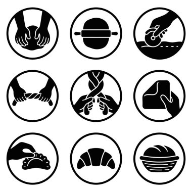 Dokuz dairesel ikondan oluşan bir derleme yoğurma, yuvarlama, kesme, örme ve hamuru katlama gibi pişirme adımlarını gösteriyor. Ayrıca kruvasan ve ekmek gibi bitmiş ürünler de var..