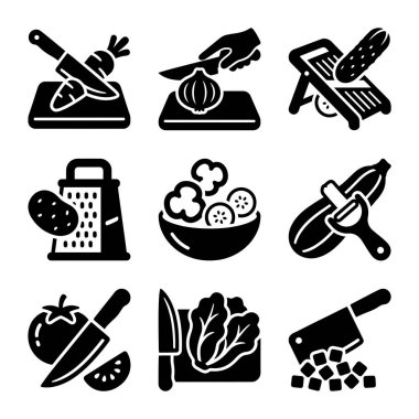 Yemek pişirmek, doğramak, doğramak, doğramak, rendelemek ve sebze soymak ya da salata yapmak gibi çeşitli yemek hazırlama tekniklerini gösteren dokuz siyah kabartma ikonundan oluşan bir koleksiyon..