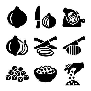 Bir soğanı pişirmek için soyulmuş, dilimlenmiş ve doğranmış dokuz basit siyah ikondan oluşan bir derleme. Vektör illüstrasyonu.