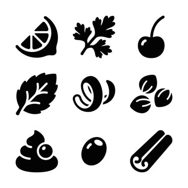 Limon, maydanoz, kiraz, nane, lezzet, fındık, krema, zeytin ve tarçın gibi mutfak malzemelerini temsil eden dokuz basit siyah ikondan oluşan bir koleksiyon..