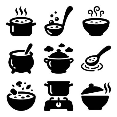 Dokuz basit vektör ikonu yemek tencerelerini, buhar kaplarını, kepçeleri ve fırınları gösteriyor. Çorba, güveç ve mutfak teması için minimalist siyah beyaz semboller.