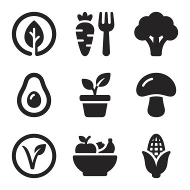 Vejetaryen, vejetaryen ve bitki temelli yaşam tarzlarını temsil eden dokuz basit siyah beyaz ikon koleksiyonu. Sebze, meyve ve sağlıklı beslenme sembolleri içerir.