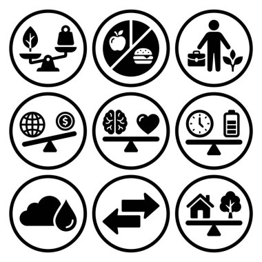 İş hayatı, diyet, ekonomi, duygular ve basit vektör grafikleri ve ölçekleri kullanarak çevre gibi denge kavramlarını gösteren dokuz dairesel ikondan oluşan bir set..