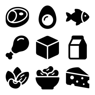 Et, balık, yumurta, süt ürünleri, fındık ve fasulye gibi çeşitli protein zengini yiyecekleri temsil eden dokuz siyah ve beyaz ikondan oluşan bir koleksiyon. Web ve mobil için basit katı kabartma biçimi.