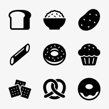 Ekmek, pirinç, makarna, patates, çörek, kek, kraker ve simit gibi çeşitli karbonhidrat zengin gıdaları temsil eden dokuz basit siyah beyaz ikondan oluşan bir koleksiyon..