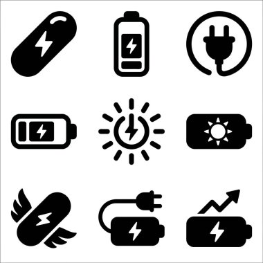 Şarj, güneş enerjisi, hızlı şarj ve web ve uygulama tasarımı için güç durumu gibi çeşitli güç ve pil kavramlarını temsil eden dokuz basit simge koleksiyonu..