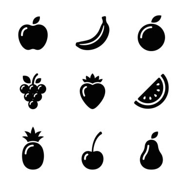 Dokuz minimalist meyve silueti ikonu koleksiyonu. Elma, muz, portakal, üzüm, çilek, karpuz, ananas, kiraz ve armut içerir. Web ve yazdırma tasarımı için vektör grafik ögeleri.
