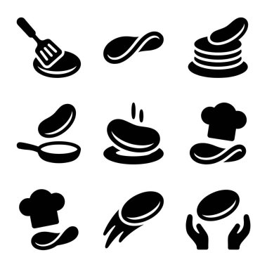 Dokuz siyah siluet ikonundan oluşan bir koleksiyon krep yapma sürecini tasvir ediyor. Buna bir spatula, bir yığın krep ve bir aşçı şapkası da dahil..