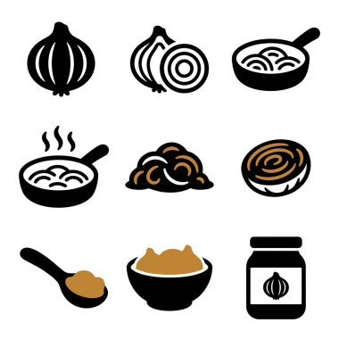 Çiğ sebzeden bir tavada kızartılıp dilimlenmiş soğan ve kavanozda son reçel ya da çeşni ve kaşık karışımına kadar karamelleştirilmiş soğan yapma aşamalarını tasvir eden basit bir ikon koleksiyonu..