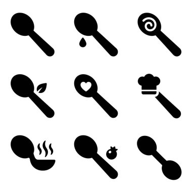 Çorba, organik, şef, aşçılık aşkı ve ilaç gibi çeşitli yemek ve yemek temalarını temsil eden dokuz adet minimalist kaşık silueti ikonu..