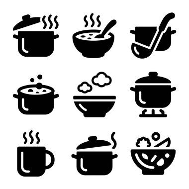 Yemek pişirmeyi ve sıcak yemekleri temsil eden dokuz basit siyah beyaz vektör ikonu. Sette tüten tencereler, bir kase çorba, bir kepçe, sıcak bir bardak ve beyaz arka planda izole edilmiş bir salata kasesi yer alıyor..