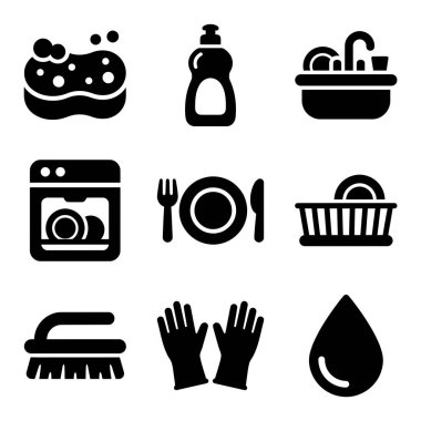 Bulaşık yıkama, sabun, lavabo, bulaşık makinesi, tabak, bulaşık rafı, fırça, eldiven ve su damlası gibi çeşitli yönleri temsil eden dokuz basit simge koleksiyonu..