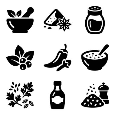 Mutfak baharatlarını ve otları temsil eden dokuz katı siyah ikondan oluşan bir koleksiyon. Havan ve kabuklu kırmızı biber yıldızı anason ve baharat karıştırıcıları da dahil.