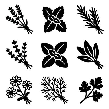 Beyaz bir zemin üzerinde lavanta, nane, adaçayı, biberiye, dereotu, maydanoz ve papatya gibi çeşitli mutfak ve şifalı bitkileri temsil eden dokuz siyah sembolden oluşan bir koleksiyon..