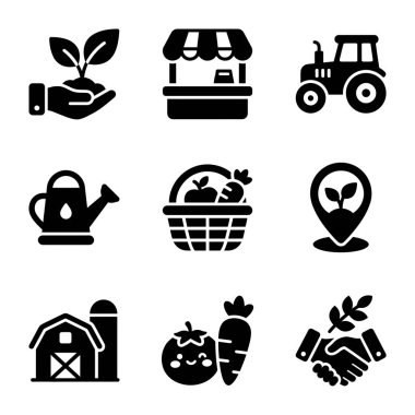 Çiftçilik, tarım, yerel üretim ve bahçıvanlık kavramlarını temsil eden dokuz katı siyah kabartma ikonundan oluşan bir koleksiyon. Traktör, ahır, market tezgahı ve taze sebzeler..