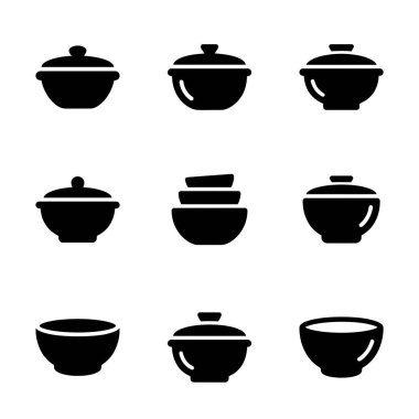 Çeşitli tencere, kase ve kapakları tasvir eden dokuz basit siyah kabartma ikonundan oluşan bir koleksiyon. Set, beyaz bir arkaplanda izole edilmiş farklı şekiller ve boyutlarda tencereler içerir..