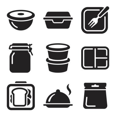 Beslenme çantaları, paket kutuları, kavanozlar, kaseler ve yemek hazırlama kutuları da dahil olmak üzere çeşitli gıda depolama çözümlerini temsil eden dokuz basit siyah beyaz ikondan oluşan bir koleksiyon..
