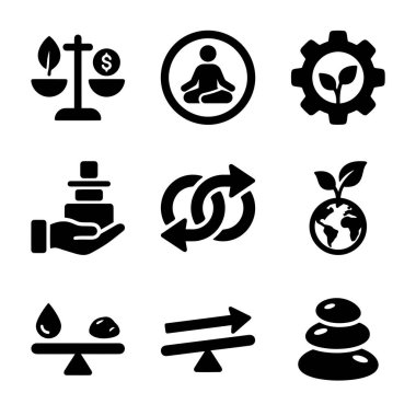 Zen, meditasyon, iş hayatı dengesi, sürdürülebilirlik ve ahengi sembolize eden dokuz katı siyah simge seti. Sağlık ve çevre dostu temalar için mükemmel..