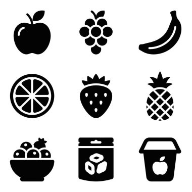 Elma, muz, çilek, ananas ve paketlenmiş abur cubur gibi çeşitli meyve ve sağlıklı yiyecek ürünlerini temsil eden dokuz basit simge koleksiyonu..