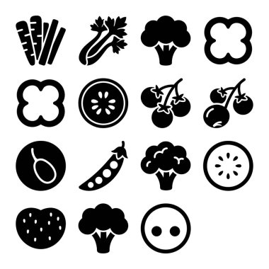 Havuç, brokoli, domates ve biber gibi çeşitli sebzeleri temsil eden minimalist, katı siyah simgelerden oluşan bir koleksiyon. Sağlıklı beslenme ve market temaları için mükemmel..