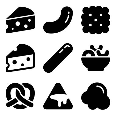 Peynir, fındık, kraker, kraker, sosis ve patlamış mısır da dahil olmak üzere çeşitli abur cuburları temsil eden dokuz basit simge..