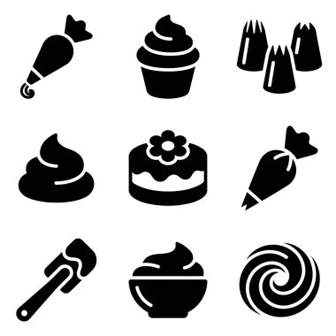 Dokuz siyah siluet ikonundan oluşan bir koleksiyon kek, kek, boru torbası, başlık, şekerleme ve bir spatula da dahil olmak üzere hamur işleri ve hamur işlerini temsil ediyor..