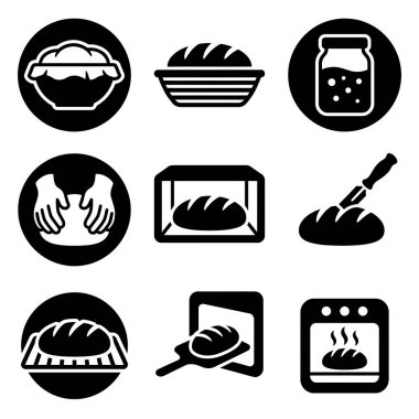 Hamur ve yoğurmadan fırında pişirmeye, dilimlemeye ve son somuna kadar ekmek yapma sürecini gösteren dokuz basit vektör simgesinden oluşan bir derleme..