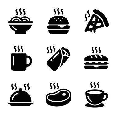 Çeşitli sıcak yiyecek ve içecekleri temsil eden dokuz basit siyah ikondan oluşan bir koleksiyon. Hamburger, pizza, kahve, erişte ve biftek ikonları içeriyor..