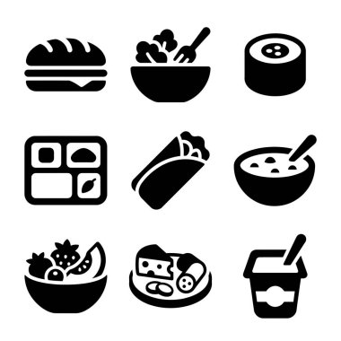 Hamburger, salata, suşi, bento kutusu, ambalaj, çorba, meyve salatası, peynir ve yoğurt gibi çeşitli besin maddelerini temsil eden dokuz basit simge seti..