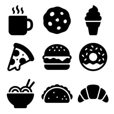 İçinde kahve, pizza, hamburger, çörek, dondurma, tako, erişte, kurabiye ve kruvasan gibi popüler yiyecek ve içecek öğeleri olan dokuz adet koyu siyah sembol var..