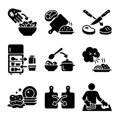 Gıda güvenliği ilkelerini gösteren siyah sembol koleksiyonu. Sette bulaşıkları önlemek için çapraz kirlilik, düzgün gıda depolama, temizlik ve bulaşık yıkama sembolleri yer alıyor..